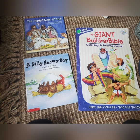 The Christmas story, A silly Snowy day books and my Giant build a Bible coloring - Picture 1 of 3